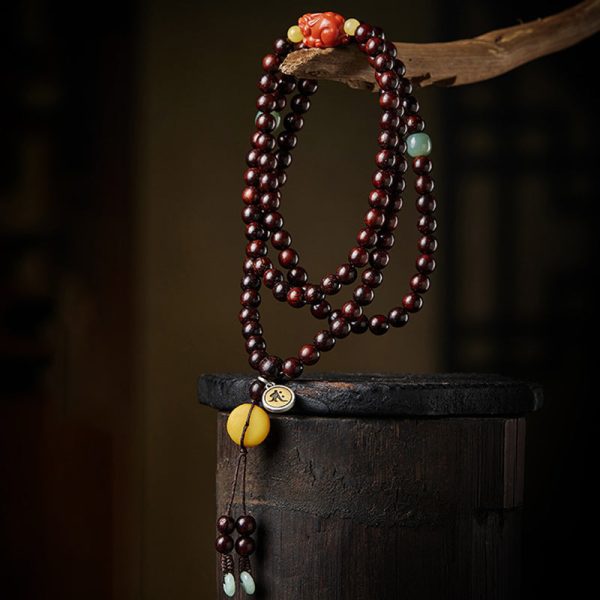 red sandalwood 108 bead bracelet side profile view