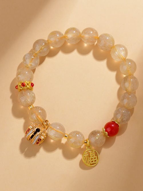 Golden Rutilated Quartz Crystal Bracelet – Natural Healing Gemstone Bead Bracelet for Wealth Attraction, Abundance & Manifestation